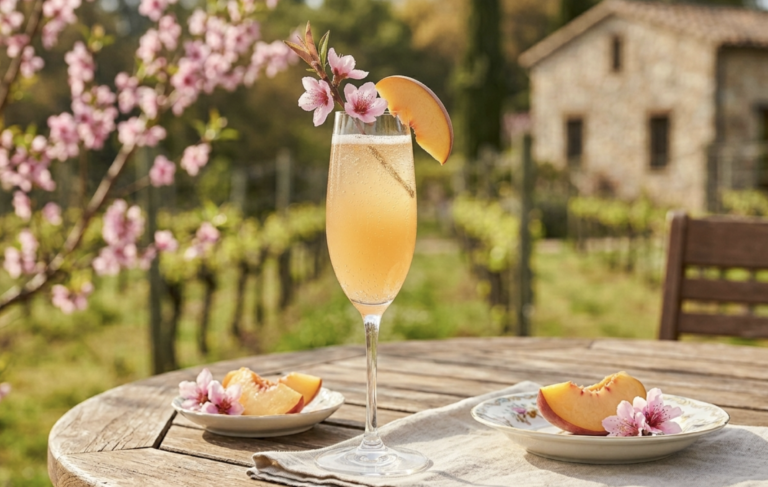 Peach Blossom Bellini on a picnic table